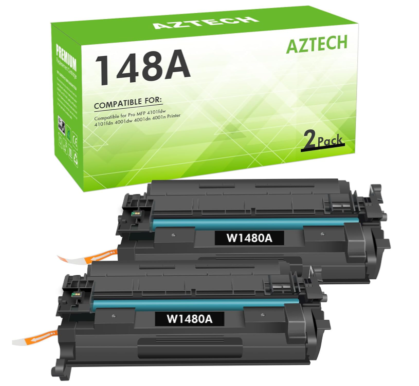 Aztech 148A Toner Cartridge (with Chip) Compatible Replacement for 148A Black Toner Cartridge W1480A W1480X MFP 4101fdw 4101fdn Pro 4001dw 4001dn 4001n Printer Ink (2 Pack)