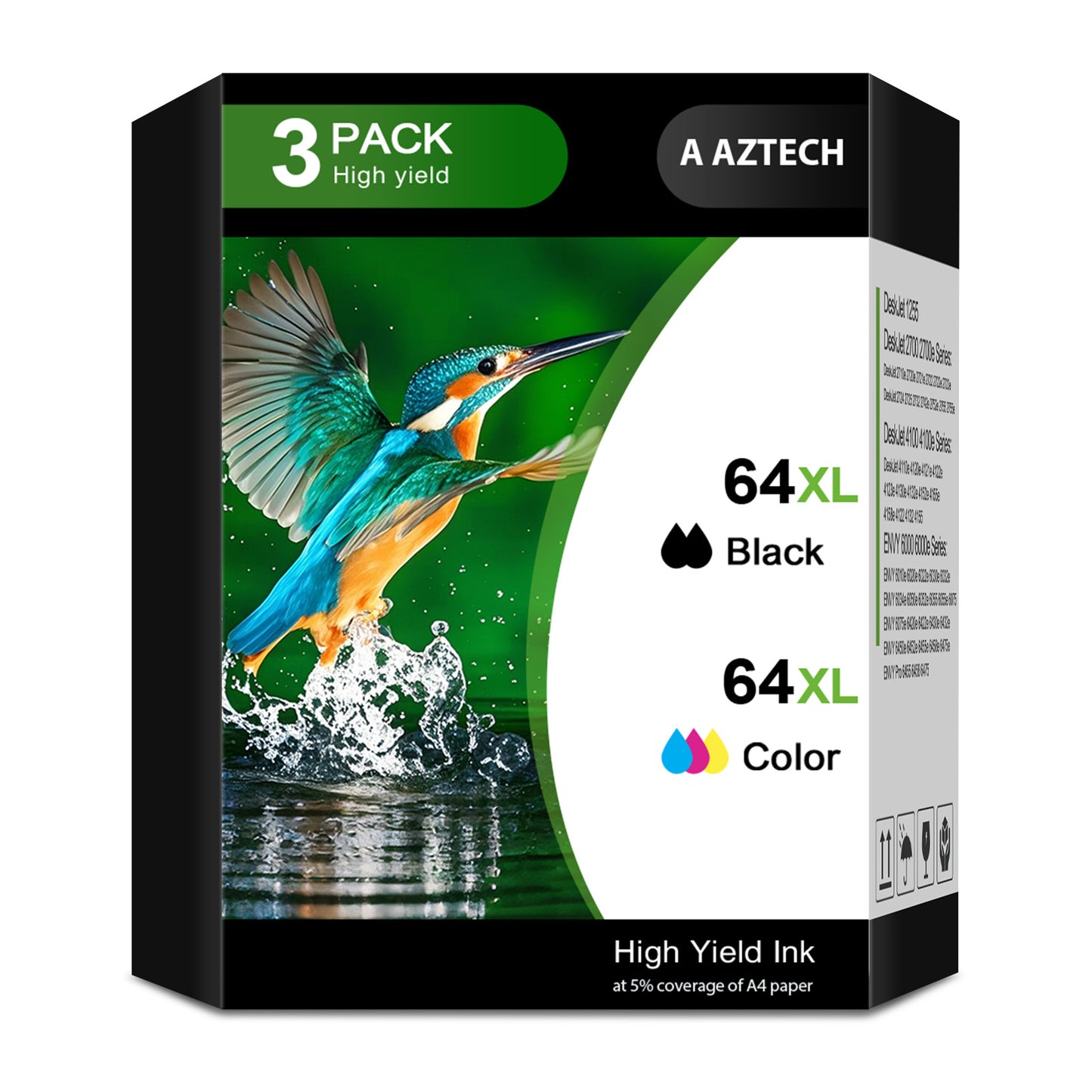 64XL Ink Cartridges Compatible for HP 64 64XL Black and Color for Envy Photo 7855 7858 7155 7120 7158 7800 6255 6252 6232 Printer(3 Pack, 2 x Black, Tri-color)
