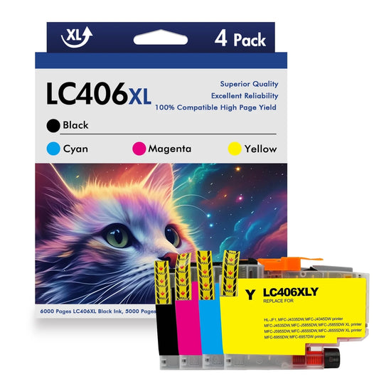 4-Pack LC406XL LC406 Ink Cartridges Compatible for Brother LC406 XL LC406 MFC-J4335DW MFC-J4535DW MFC-J5855DW MFC-J6555DW MFC-6955DW Printer | LC406XL Black Cyan Yellow Magenta 4-Pack