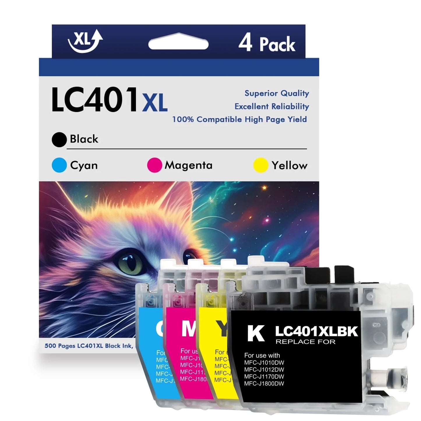 LC401XL Ink Cartridge Compatible for Brother LC401 LC401XL for Brother MFC-J1010DW MFC-J1012DW MFC-J1170DW Printer (Black Cyan Magenta Yellow, 4 Pack)