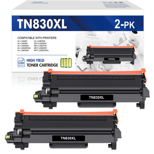 TN830 XL High Yield Toner Cartridge Black Compatible for Brother TN830XL TN830 TN 830XL HL-L2460DW HL-L2405W DCP-L2640DW MFC-L2820DW HL-L2400D L2405W L2480DW MFC-L2820DWXL Printer Ink 2-Pack