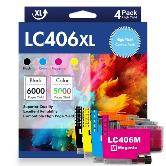 LC406 LC406XL Ink Cartridges 4-Pack Compatible for Brother LC406 XL LC406 MFC-J4335DW MFC-J4535DW MFC-J5855DW MFC-J6555DW MFC-6955DW Printer LC406 Black Cyan Yellow Magenta 4-Pack