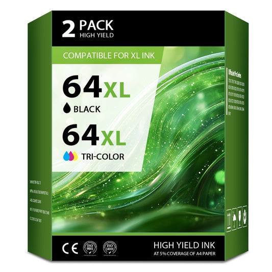 64XL Ink Cartridges Compatible for 64 64XL Black and Color for Envy Photo 7855 7858 7155 7120 7800 6255 6252 7158 7164 (1 Pack Black, 1 Pack Tri-color)