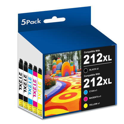 5 Pack 212XL Ink Cartridges Compatible for Epson 212 T212 212XL Ink for WorkForce WF-2850 WF-2830 Expression Home XP-4100 XP-4105 Printer (2Black,Cyan,Magenta,Yellow)