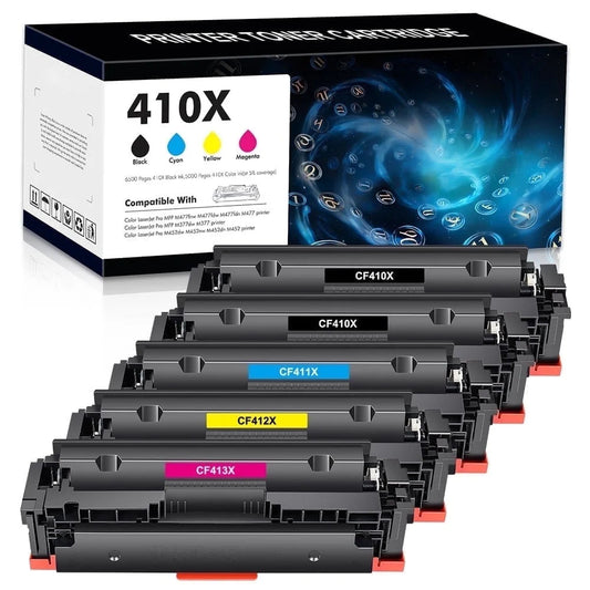 410X Toner Cartridges Compatible for HP 410A CF410A CF411A CF412A CF413A & 410X CF410X CF411X CF412X CF413X Printer Ink (Black, Cyan, Yellow, Magenta, 5-Pack)