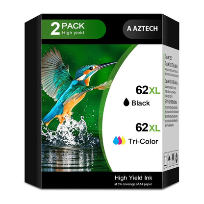 62XL Ink Cartridges Compatible for 62 62XL Black and Color for Envy 5540 5640 5660 7644 5740 5741 8000 OfficeJet 200 250 Printer Ink (2 Pack, 1 x Black, Tri-color)