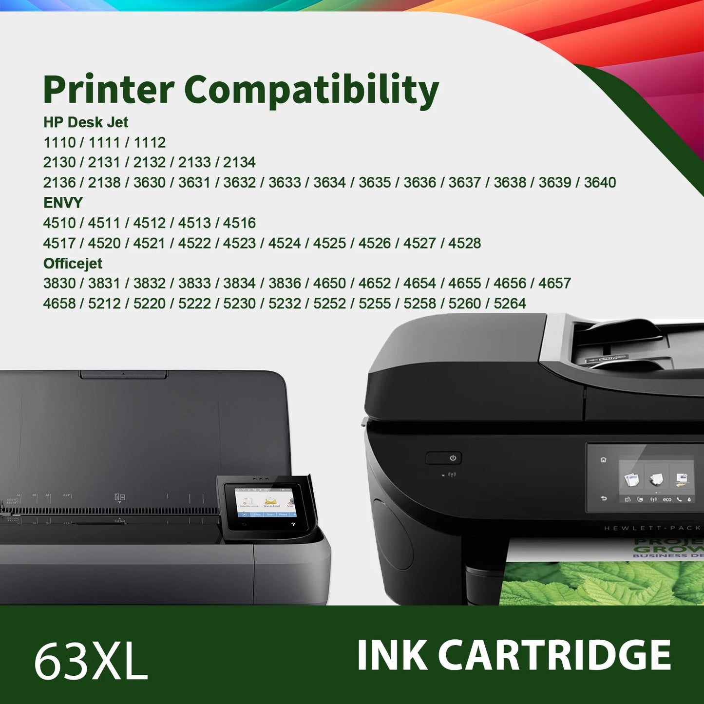 63XL Ink Cartridges Compatible for HP 63 63XL Black and Color for Envy 4510 4520 OfficeJet 4650 4655 3830 5255 5258 Deskjet 3630 3632 1112 2132 2130 HP63XL (1 Pack Black, 1 Pack Tri-color)