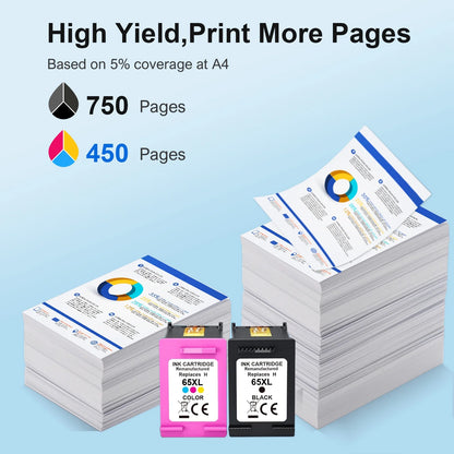 65XL Ink Cartridges Compatible for 65 65XL Black and Color for Envy 5055 5052 5058 Deskjet 3755 2655 2652 3722 2622 2624 2620 (1 Pack Black, 1 Pack Tri-color)