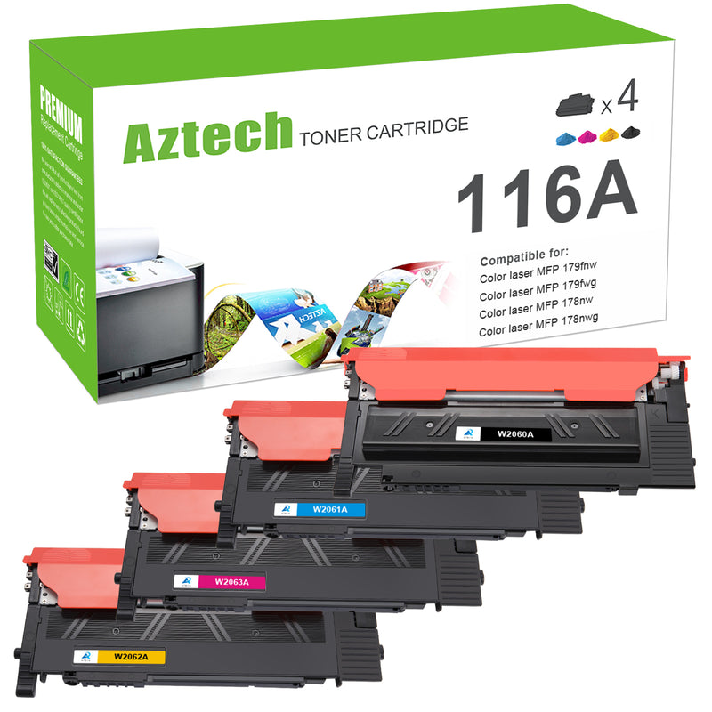 A AZTECH 4-Pack Compatible for HP 116A Toner with Chip for HP W2060A 116A Toner Cartridge for Color Laser 150 MFP 178 Series MFP 179 Series Printer Ink (Black,Cyan,Magenta,Yellow)
