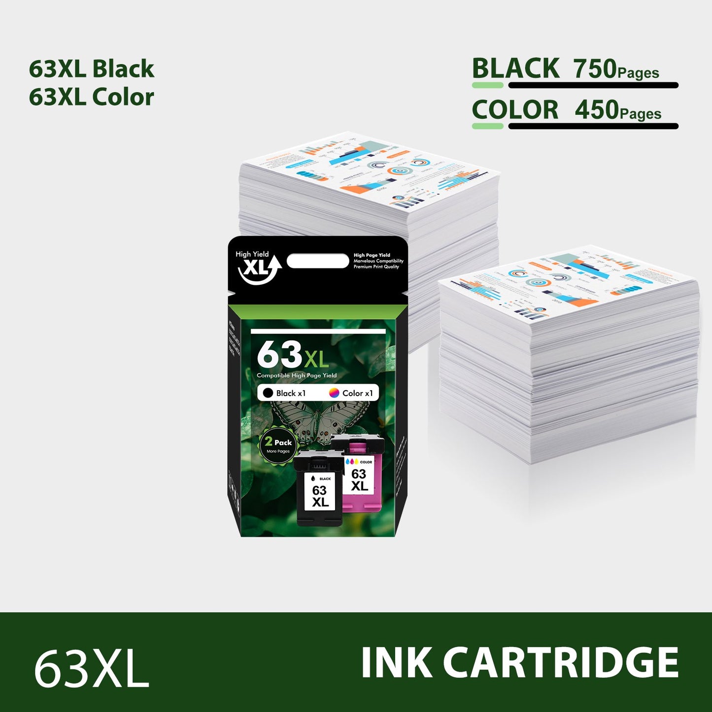 63XL Ink Cartridges Compatible for HP 63 63XL Black and Color for Envy 4510 4520 OfficeJet 4650 4655 3830 5255 5258 Deskjet 3630 3632 1112 2132 2130 HP63XL (1 Pack Black, 1 Pack Tri-color)