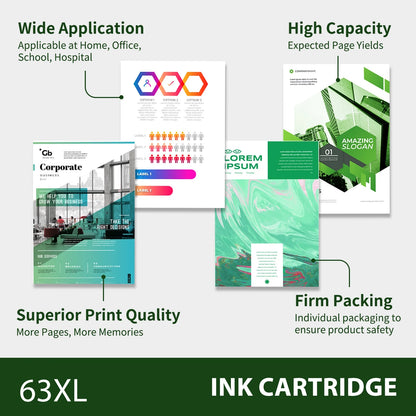 63XL Ink Cartridges Compatible for HP 63 63XL Black and Color for Envy 4510 4520 OfficeJet 4650 4655 3830 5255 5258 Deskjet 3630 3632 1112 2132 2130 HP63XL (1 Pack Black, 1 Pack Tri-color)
