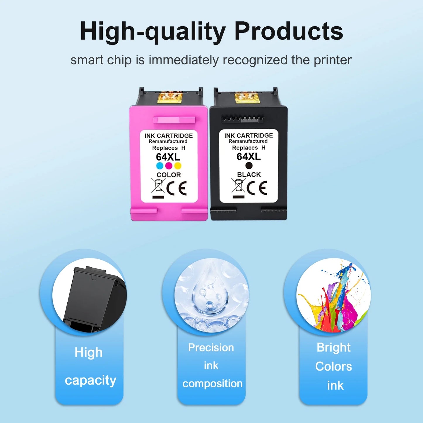 64XL Ink Cartridges Compatible for 64 64XL Black and Color for Envy Photo 7855 7858 7155 7120 7800 6255 6252 7158 7164 (1 Pack Black, 1 Pack Tri-color)