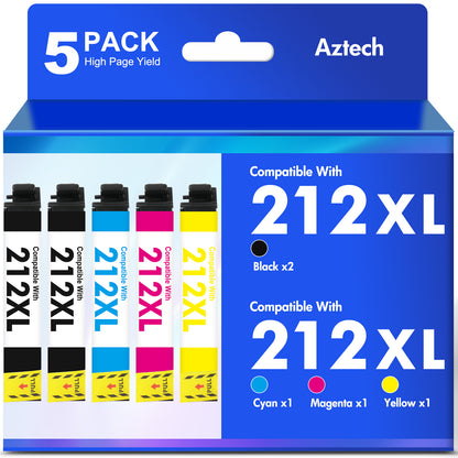 5 Pack 212XL Ink Cartridges Compatible for Epson 212 T212 212XL Ink for WorkForce WF-2850 WF-2830 Expression Home XP-4100 XP-4105 Printer (2Black,Cyan,Magenta,Yellow)